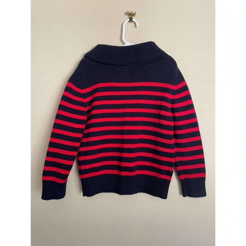 OshKosh B'gosh Boys 5 Navy Red Chunky Knit Striped Shawl Sweater Nautical Preppy
